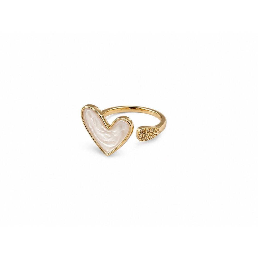 Gold Tone Heart Mother of Pearl Open Ring Adjustable Pavé Accent
